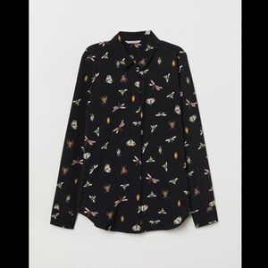 H&M Black Insect Print Button-up Long Sleeve Blouse Shirt, NEW